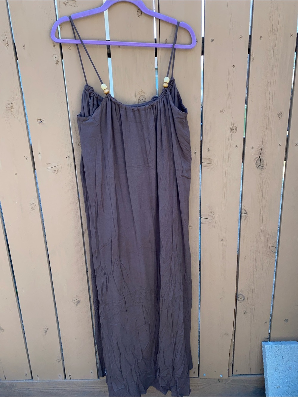 Brown Spaghetti-Strap Maxi Dress with Beaded Accent